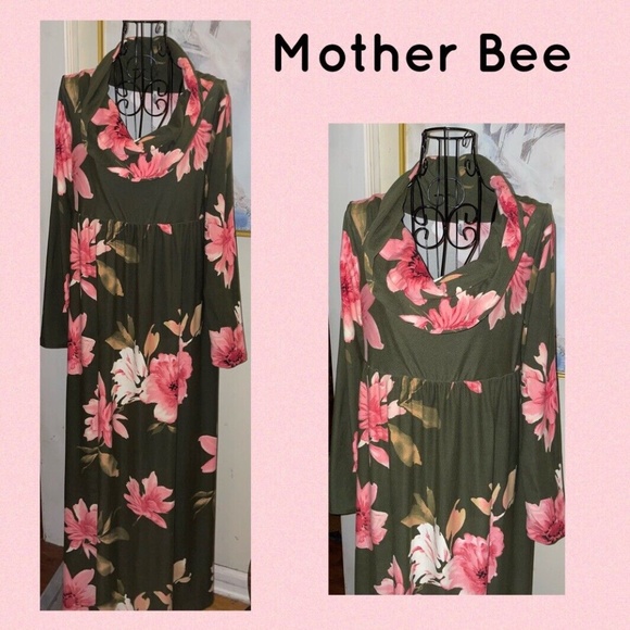 MOTHER BEE MATERNITY COWL NECK/OVER THE SHOULDER FLORAL MAXI DRESS~MED. - Picture 3 of 4